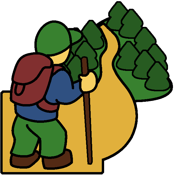  A hiker with a walking stick walking up a yellow path, towards a hill covered in trees.